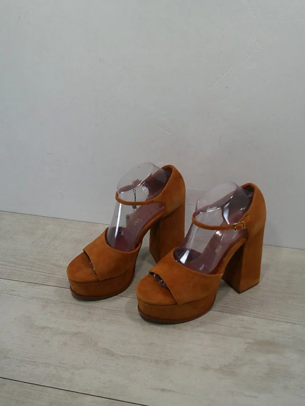 Zara 70's Style Platform Camel Tan Chunky Suede Tall Block Heel Sandal Size 40